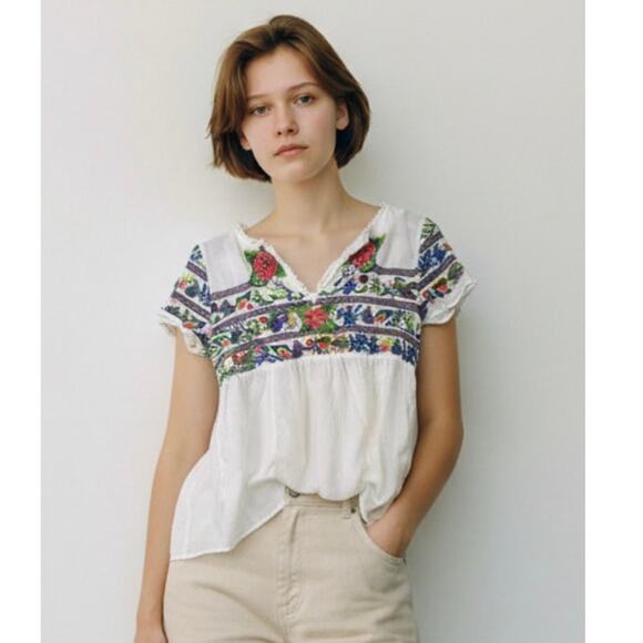 Anthropologie Vanessa & Virginia Embroidered Boho High Low Peasant Top Sz 6 - Picture 1 of 15